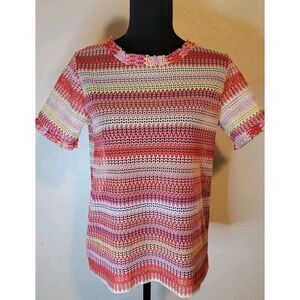 Zara Womens Top Sz Medium Red Yellow Striped Short Sleeve Open Knit  Ruffle Trim